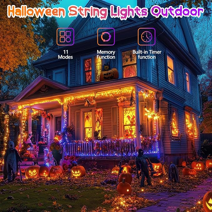 200 LED Connectable String Lights with Remote, Halloween Lights Outdoor | Orange to Purple, 11 Modes, Timer, 66FT Clear Wire Waterproof Color Changing Twinkle Fairy Lights for Bedroom Xmas Tree Decor