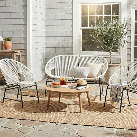 Christopher Knight Home Dessa 4 Piece Patio Furniture Set with Acacia Wood Coffee Table, 4 Seater PE Rattan Outdoor Conversation Set, Metal Outdoor Sectional Sofa Set, Beige+White, White
