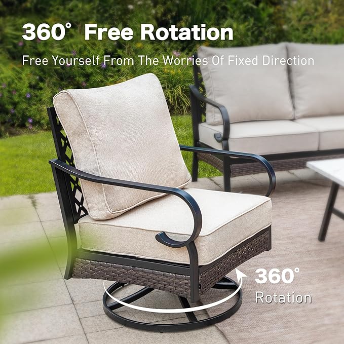 SUNSHINE VALLEY 5 Piece Metal Outdoor Patio Furniture Set, Patio Conversation Sets 3-Seater Sofa, 2-Seater Sofa, 2 Swivel Chair with 5.75" Thick Cushion & Coffee Table Black Backyard Furniture, Beige