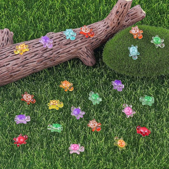 200 Pcs Mini Resin Turtle with 1 Pc Jumbo Resin Pink Turtles, Luminous Miniature Tiny Turtles Glow in The Dark for Fairy Garden Dollhouse Micro Landscaping