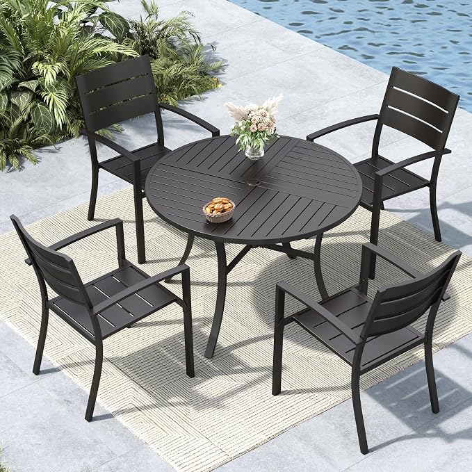 MFSTUDIO Round Patio Table and Chairs Set, Black Metal Outdoor Dining Set for 4 with Umbrella Hole, 5 Piece Wrought Iron Patio Furniture Dining Set for Deck Backyard Garden