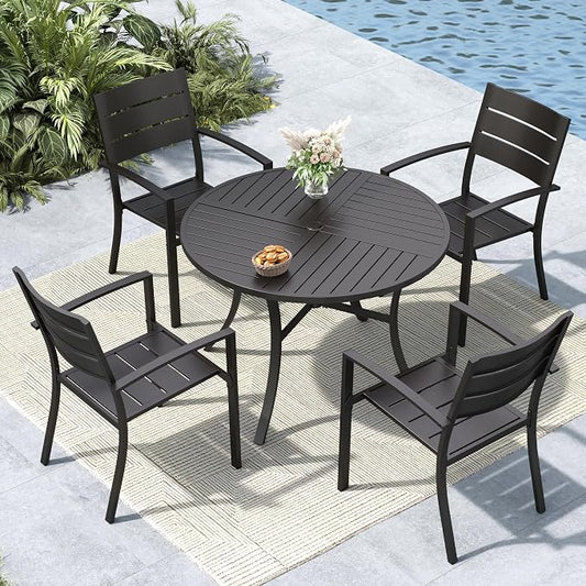 MFSTUDIO Round Patio Table and Chairs Set, Black Metal Outdoor Dining Set for 4 with Umbrella Hole, 5 Piece Wrought Iron Patio Furniture Dining Set for Deck Backyard Garden