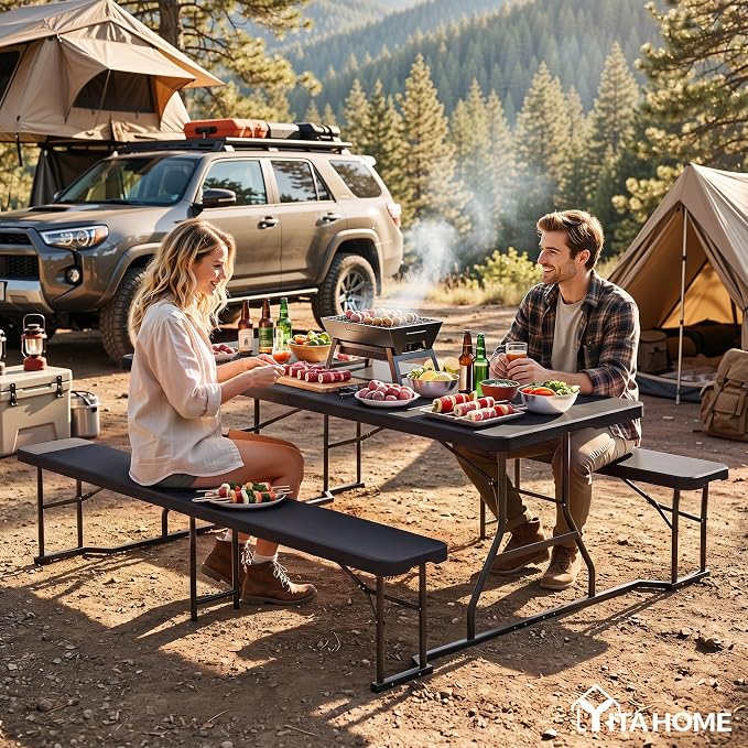 YITAHOME 6ft Folding Picnic Table with Benches, Heavy Duty 6 ft Picnic Tables for Outdoors, Portable Outdoor Table with Center Lock & Non-Slip Feet for Backyard, Camping, Beach, Black