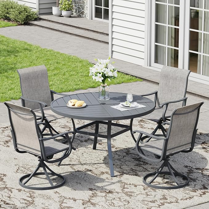 5 Pieces Patio Furniture Dining Set, 4 Textilene Swivel Dining Chairs, 41" Outdoor Round Metal Table with 1.57" Umbrella Hole, Outdoor Dining Set for Porch, Lawn, Dark Grey/Grey