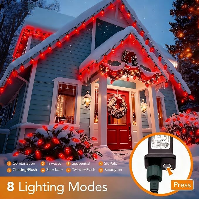 C9 LED Christmas Lights Outdoor,33 Feet 50 LED 8 Lighting Modes Waterproof Connectable Christmas String Lights for Outside Roofline Patio Home Xmas Decorations (Red)