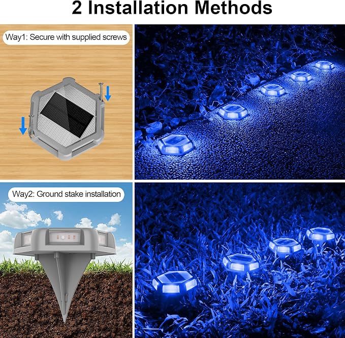 Solar Dock Lights Driveway Deck Lights - 24 Packs Waterproof Outdoor LED Aluminum Dock Lighting Warning Step Light for Driveway Sidewalk Garden Pathway Yard (Blue)
