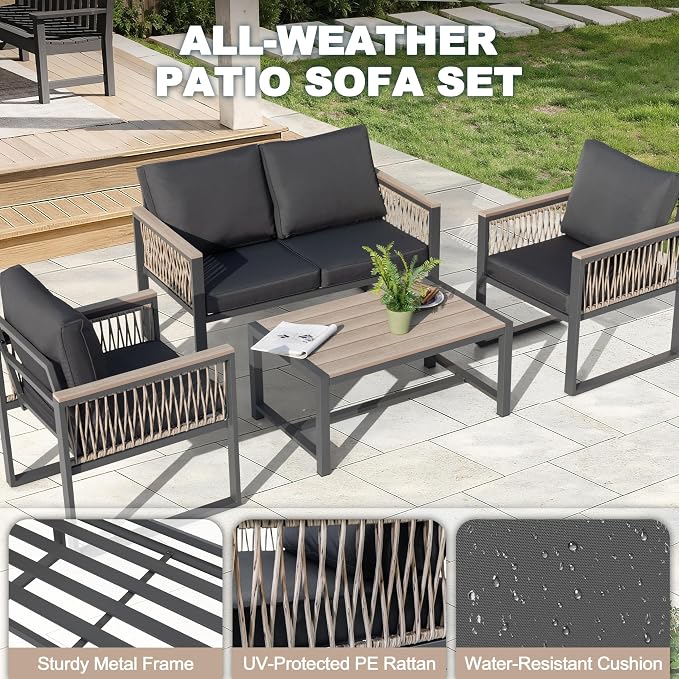 NUU GARDEN 4 Pieces Outdoor Patio Furniture Set, 4 Seats Sectional with Coffee Table, All Weather Wicker Patio Conversation Sets with Armrests and Cushions,Patio Set for Backyard, Garden and Poolside