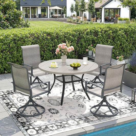 DIFY 5 Piece Outdoor Patio Dining Set for 4, 40.6" Grey Wood-Like Round Metal Dining Table and Swivel Patio Chairs with Grey Padded Textilene, All-Weather Outdoor Furniture Set for Garden Backyard