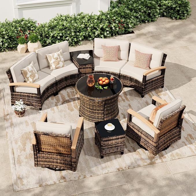 MEISSALIVVE 9-Piece Half-Moon Curved Outdoor Patio Furniture Set, Sectional Conversation Sofa with 2 Swivel Glider Chairs, Round Coffee Table for Backyard Deck Garden, Beige