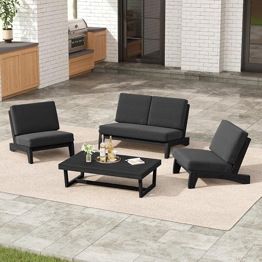 4 Pieces Patio Furniture Sets, All-Weather Outdoor Wood Bistro Set Patio Conversation Coffee Table Chiars and Patio Loveseat for Balcony, Backyard