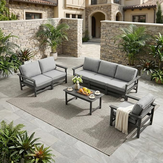 Outdoor Patio Furniture Set, Modular HDPE Conversation Set with 3-Seater Sofa, Loveseat, Armchairs & Large Coffee Table, All-Weather Patio Seating with Cushions