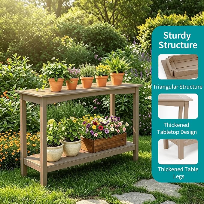 Outdoor Console Table, All-Weather Patio Console Table, 2-Tier OutsidePlant Stand Table, Low Maintenance, Never Rot or Fade, HIPS Table for Indoor, Backyard, Garden, Entryway, Coffee