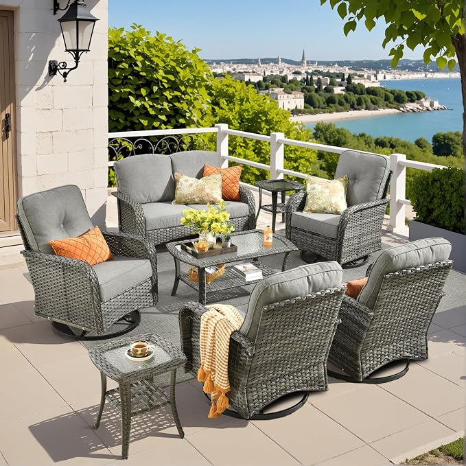 8 Piece Wicker Patio Furniture Set with Swivel Chairs, Dark Gray | 4 Swivel Rocker Chairs, High Back Loveseat Sofa, Coffee Table, Rattan Outdoor Conversation Set, Porch Deck Backyard Poolside