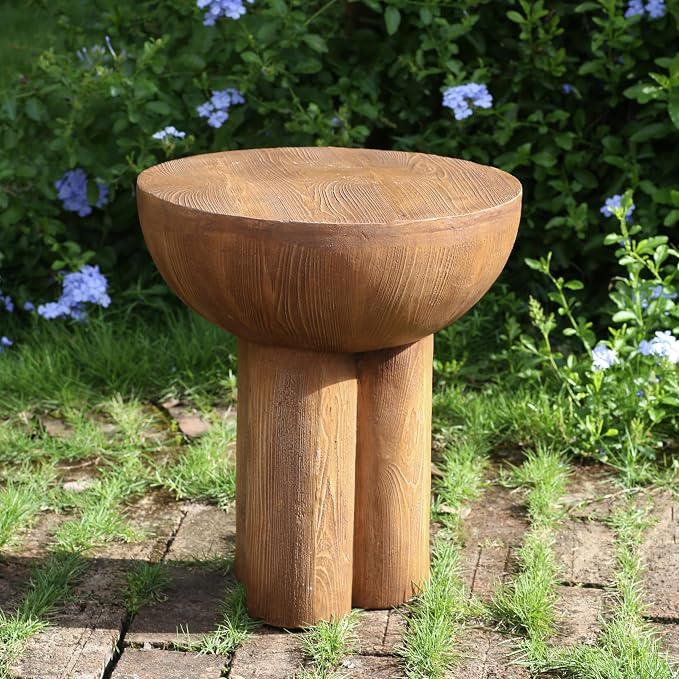 Christopher Knight Home Nataly 18.25" H Small Outdoor Side Table, Mushroom-Like Carved Garden Stool, Lightweight Concrete End Table, Patio Decorative Home Stool for Balcony Poolside Backyard, Brown