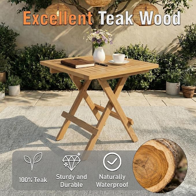 OTSUN Teak Wood Square Foldable Side Table Outdoor, Portable Patio End Table for Garden, Pool & Balcony, Natural Wooden Accent Table