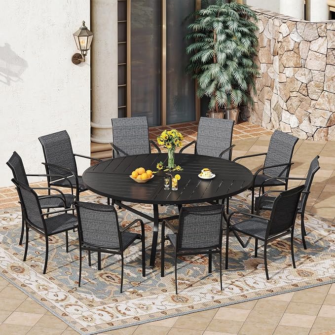 VICLLAX 11 Pieces Patio Outdoor Dining Set, 60" Large Round Metal Table with Umbrella Hole and 10 Stackable Textilene Chairs for Patio, Lawn, Garden, Porch, Black/Grey