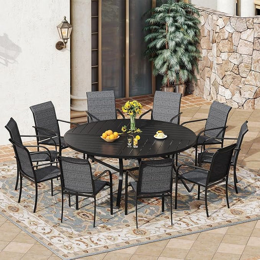 VICLLAX 11 Pieces Patio Outdoor Dining Set, 60" Large Round Metal Table with Umbrella Hole and 10 Stackable Textilene Chairs for Patio, Lawn, Garden, Porch, Black/Grey
