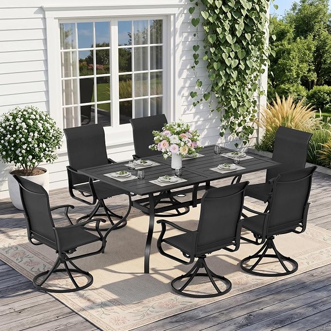 Crownland 7 Piece Furniture Patio Dining Set, 6 Swivel Metal Chairs and Rectangular Outdoor Dining Table with 1.57" Umbrella Hole, Outdoor Furniture Dining Set for Lawn, Backyard, Garden(Black)