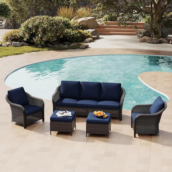 5 Piece Patio Wicker Conversation Set, All-Weather Use Outdoor Wicker Sofa with 2 PE Rattan Ottomans,2 Chair, Ideal for Porch, Backyard, Balcony, Poolside, Blue