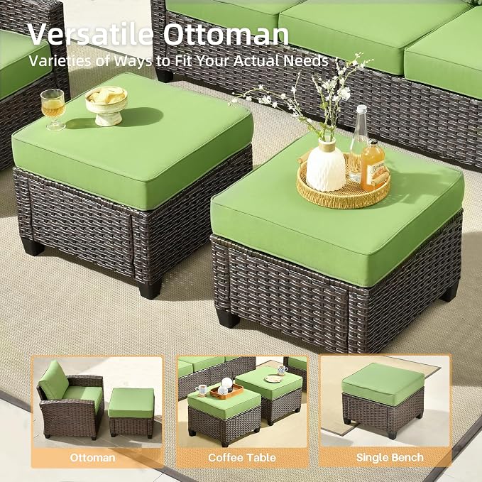 CAODOC 7 Pieces Rattan Patio Furniture Set, 4 x Single Chair, 2 x Ottoman and 3-Seat Sofa with Cushions, 9 Seats Outdoor Wicker Sectional Conversation Set for Garden, Poolside, Backyard