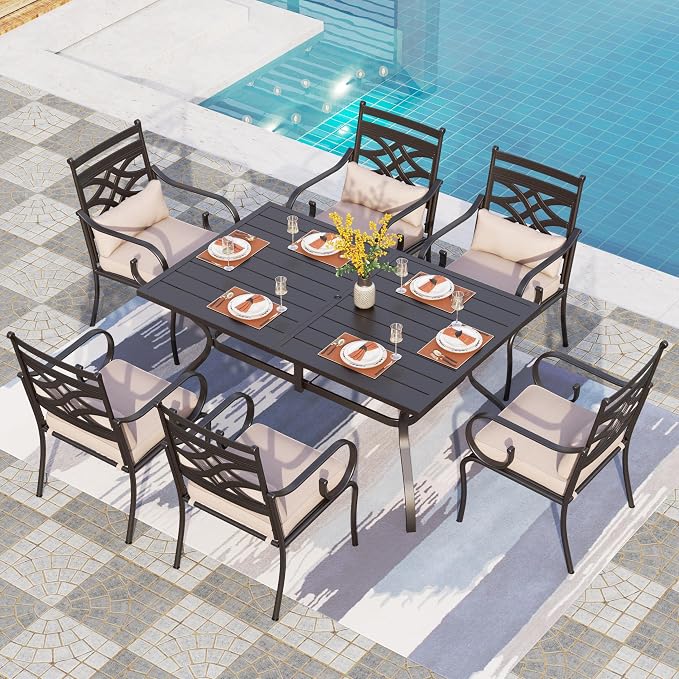 PHI VILLA 7 Piece Patio Dining Set, Rectangular Steel Table | Metal chairs, Beige Cushion, Cushions, E-coated