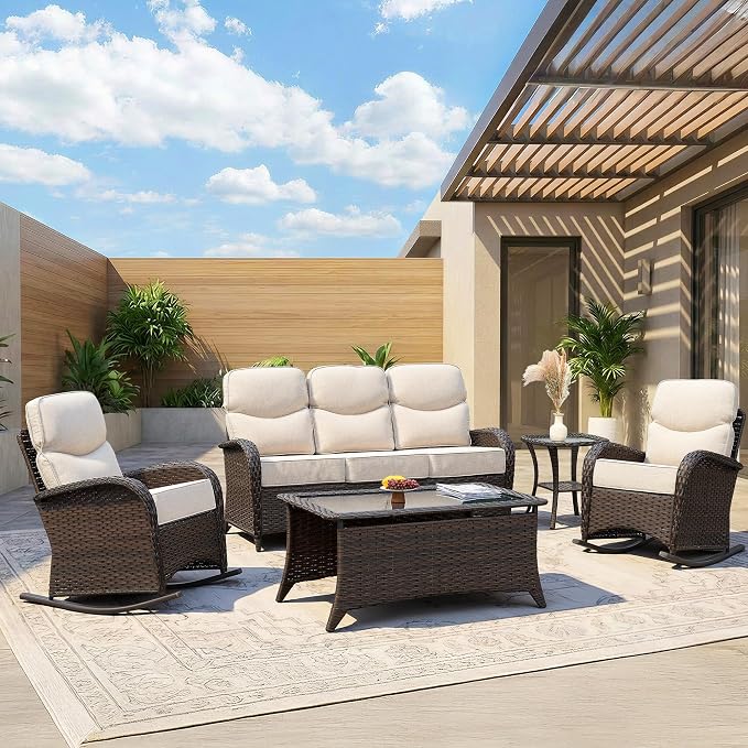 Luxury Patio Furniture Set with 6" Thick Cushions, High Back Outdoor Rocking Chairs and 3-seat Sofa, 5 Pcs All Weather Conversation Set for Porch Deck Poolside Yard (Beige)