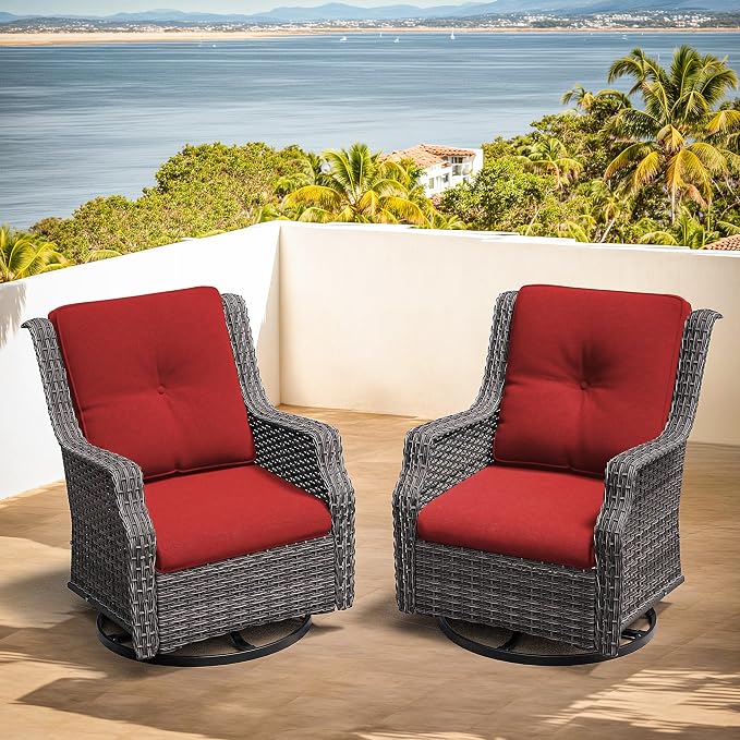 3 Piece Patio Furniture Set, 2-Seater Loveseat and 2 Swivel Glider Chairs Outdoors, Rattan Conversation Set with Deep Seating and Olefin Cushions, for Backyard, Garden, Red