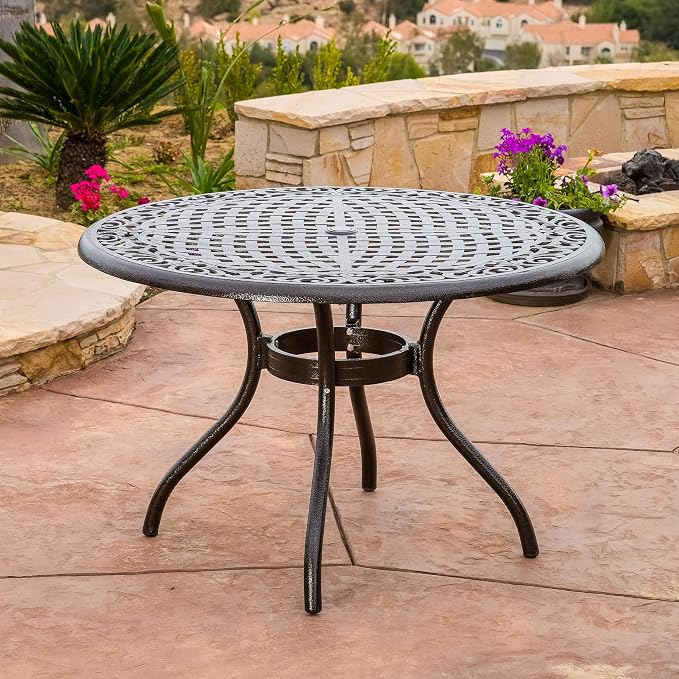 roomfitters 48in Outdoor Round Dining Table Cast Aluminum Patio Garden Table with Decorative Lattice Top, Bronze