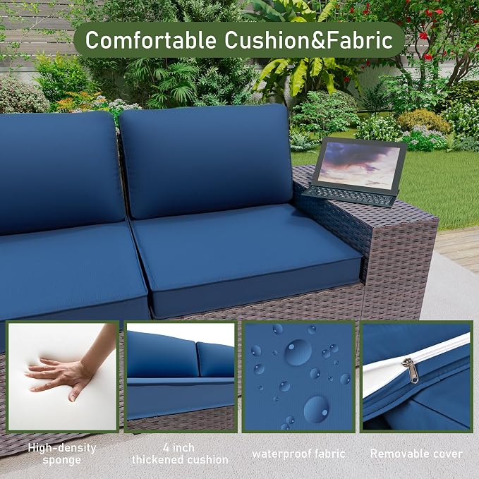 Patio Furniture Set 7 Pieces Outdoor Furniture Patio Conversation Set w/43in Gas Fire Pit,PE Rattan Wicker 7 Pcs Outdoor Sofa Set w/55000 BTU Propane Fire Pit Table,NavyBlue