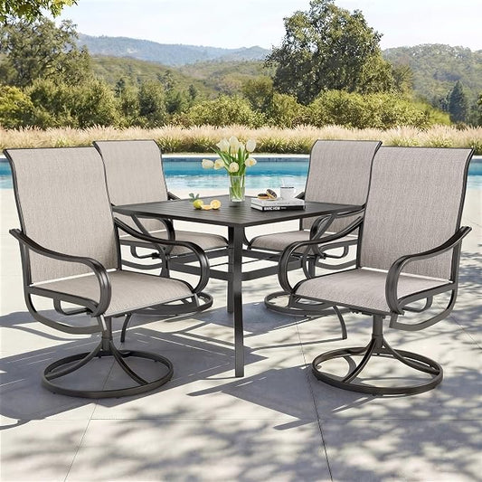 PHI VILLA 5 Pcs Patio Dining Set for 4, Swivel Mesh Chairs, Grey | 4 textilene dining chairs. 37" metal square table with umbrella hole, all weather E-coated metal frame for outdoor deck lawn