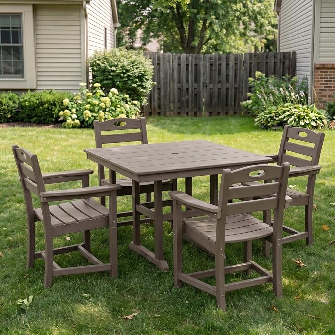 WILLIAMSPACE 37.8" Outdoor Patio Dining Set with 4 Armchairs, All Weather HDPE Square Dining Table with Umbrella Hole, Patio 5-Piece Bistro Set for Backyard, Balcony, Lawn, Kitchen (Brown)