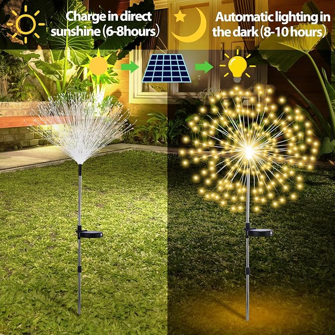 Tujoe 4 Pack Halloween Outdoor Garden Decoration Solar Firework Lights | 200 LED Solar Firework Lights, 8 Lighting Modes, 32" to 51" Height, Outdoor Garden Yard Pathway Party Decoration, Warm