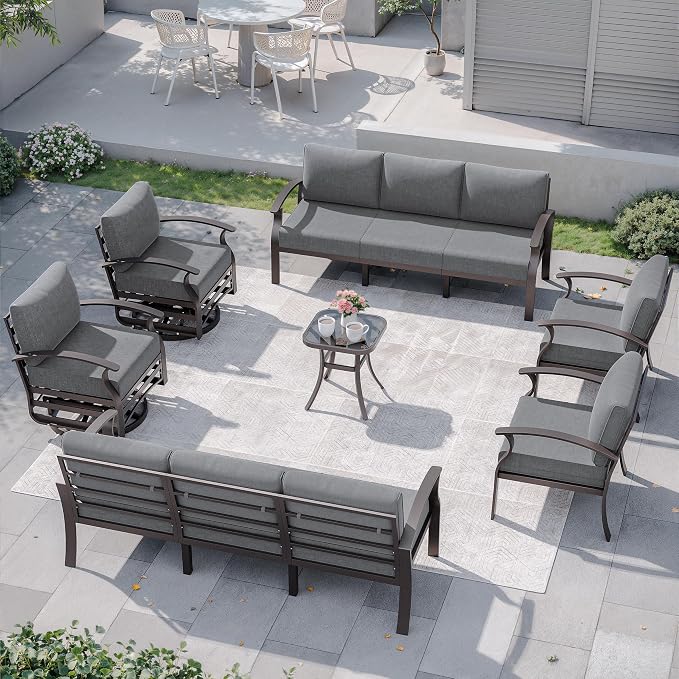 Kurapika Aluminum Patio Furniture Set 10-Seat Modern Metal Outdoor Conversation Sets w/Swivel Rocking Chairs Patio Sectional Sofa w/5.1 Inch Cushion, Grey