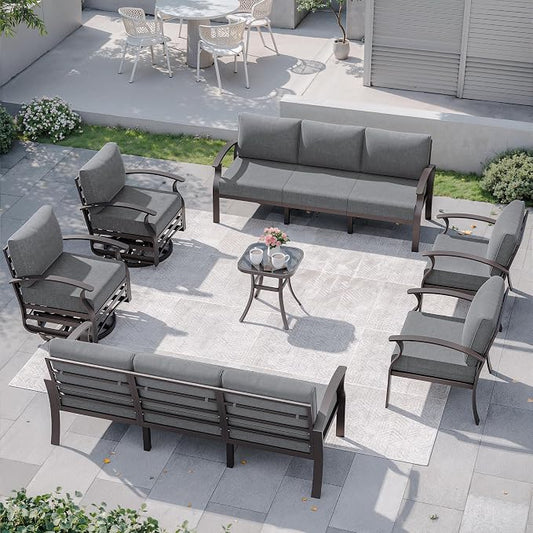 Kurapika Aluminum Patio Furniture Set 10-Seat Modern Metal Outdoor Conversation Sets w/Swivel Rocking Chairs Patio Sectional Sofa w/5.1 Inch Cushion, Grey