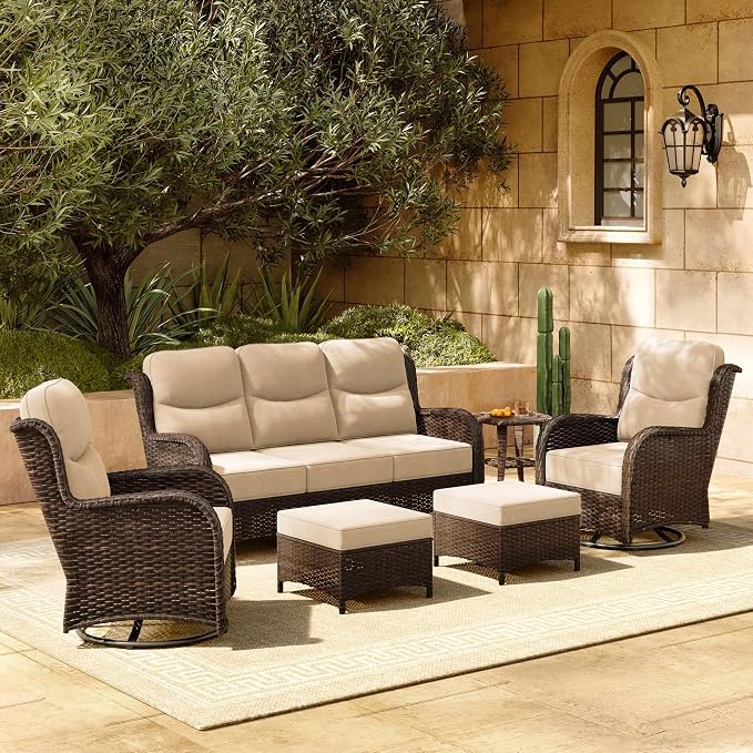 HILLGA 6-Piece Luxury Patio Furniture Set with 6" Thick Cushions, Weather-Resistant Wicker High Back Swivel Rocker Chairs, Senior-Friendly Outdoor Sofa Set for Large Deck, Yard and Poolside, Beige(V2)