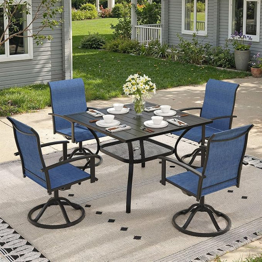 5 Pieces Patio Dining Set, Outdoor Furniture of 37.8" Square Patio Table and Patio Swivel Chairs for Backyard Lawn Garden, Black Table and Dark Blue Chairs