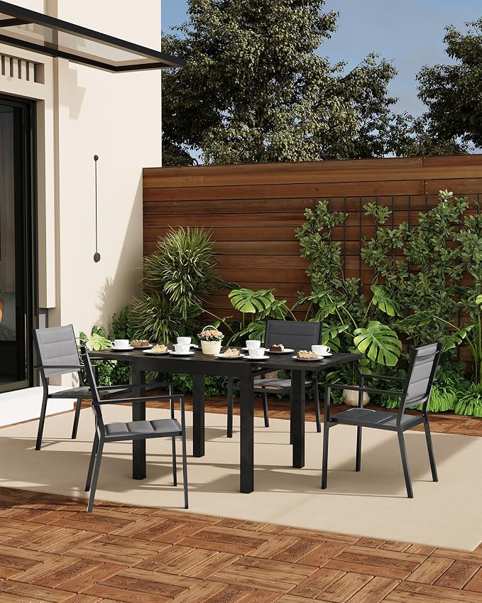 4 Piece Aluminum Patio Stackable Dining Chairs Set, Outdoor Metal Lightweight Stacking Dining Chair with Textilene Fabric, for Backyard Lawn Deck Poolside Porch Bistro, Dark Grey
