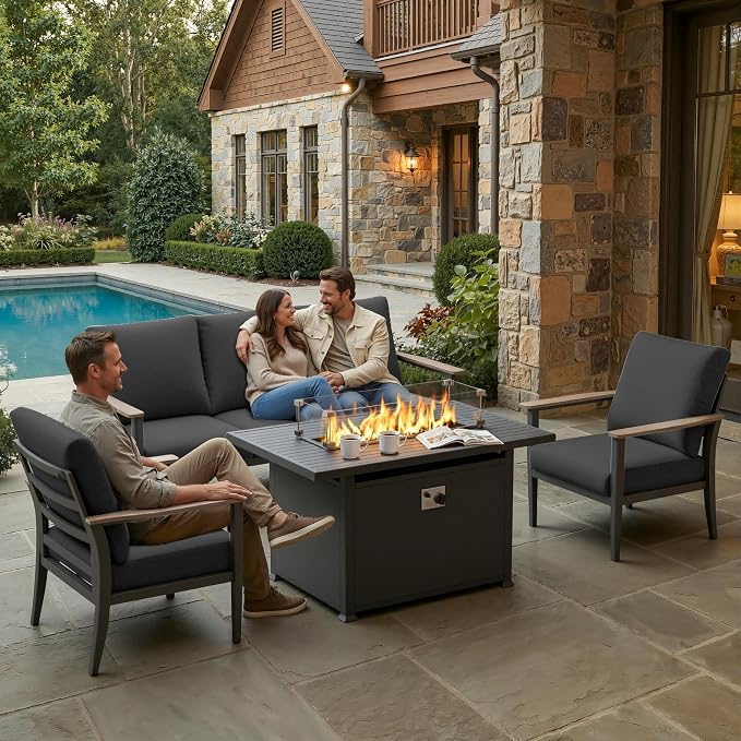 Aluminum Outdoor Patio Furniture Set, 4-Piece Outdoor Sofa with 5.1" Thick Cushions, 55,000 BTU Propane Fire Pit Table, Outdoor Couch for Balcony, Porch, Black