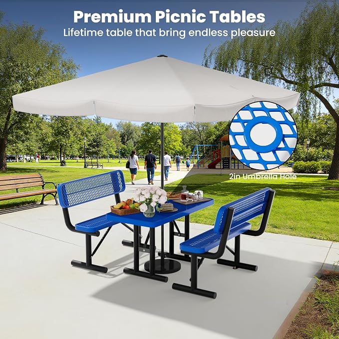 4FT Outdoor Metal Picnic Table with 2 Benches,Heavy Duty Rectangular Picnic Table Set for Outside, Waterproof Commercial Restaurant Table Furniture for Park, Campfield, Patio, Garden, Yard