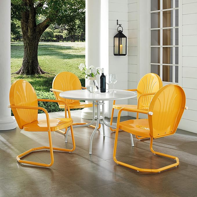 Crosley Furniture Griffith 5-Piece Outdoor Dining Set for 4, Retro Metal Round Patio Table and Chairs, White and Tangerine