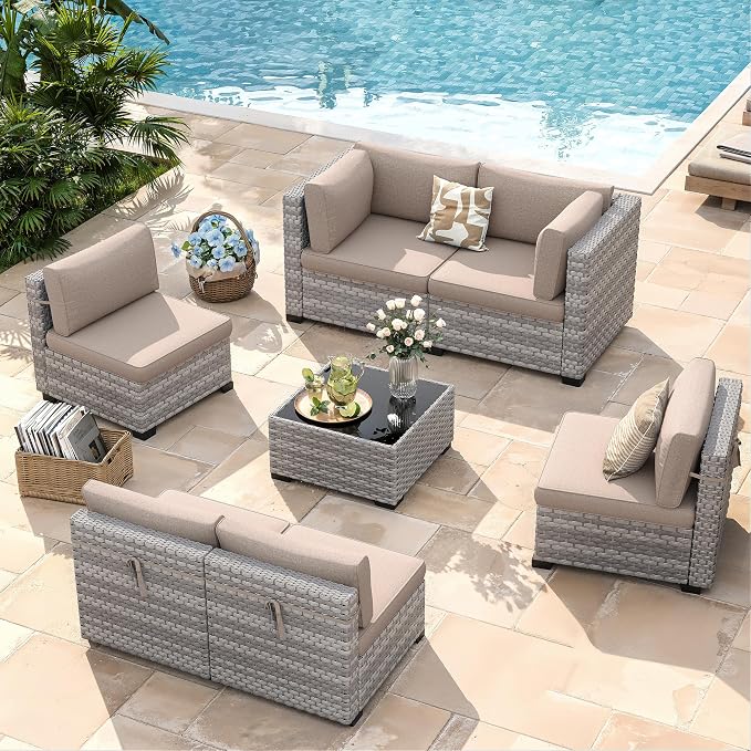 6-Seat Modular Patio Furniture Set – Outdoor Wicker Sectional Sofa with Thick 4″ Cushions, Dual-Strand PE Rattan, Rust-Resistant 18 mm Steel Frame, Backyard Garden Deck Lounge,Beige