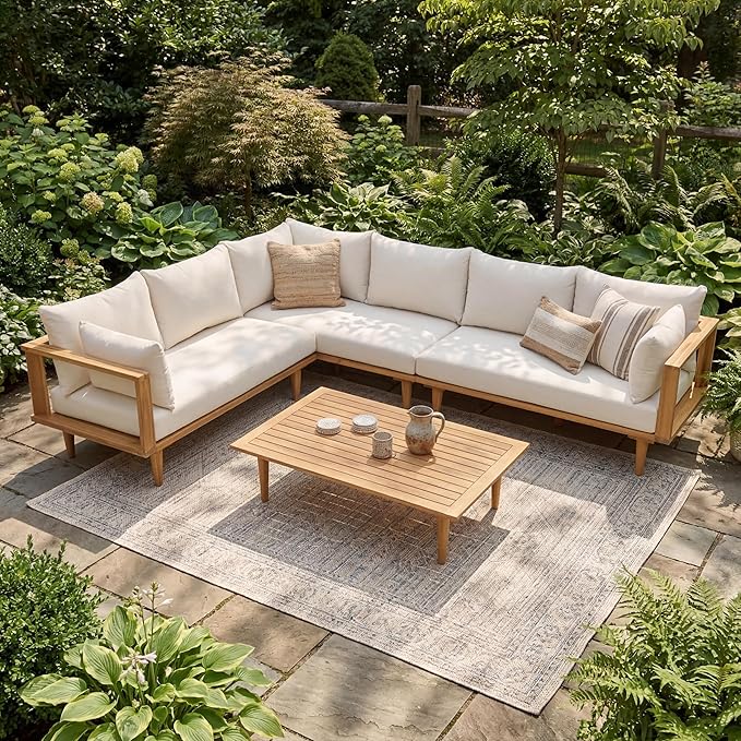 Christopher Knight Home Flynn Acacia Wood Patio Furniture Set, 6-Seater L-Shaped Sectional Sofa Set and Small Coffee Table, Outdoor Conversation Set for Backyard Poolside Balcony, Natural+Beige