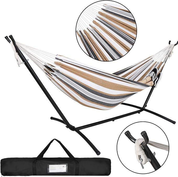 Portable 2-Person Hammock with Heavy Duty Steel Stand, Carrying Case and 6 Optional Hook Positions, Double Hammock for Indoor Outdoor Patio Bedroom (Desert Stripes)