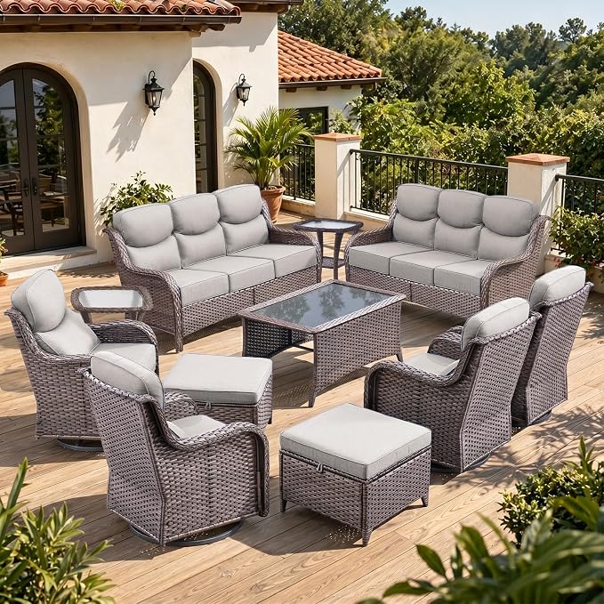 Luxury 6" Thick Cushion 11 Pieces Wicker Patio Furniture Set with High Back Swivel Rocker Chairs of 4, Outdoor Conversation Set with Patio Couch for Deck Porch Yard and Poolside