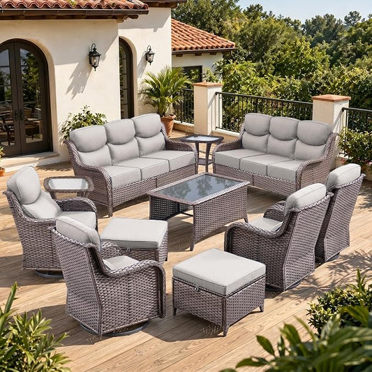 Luxury 6" Thick Cushion 11 Pieces Wicker Patio Furniture Set with High Back Swivel Rocker Chairs of 4, Outdoor Conversation Set with Patio Couch for Deck Porch Yard and Poolside