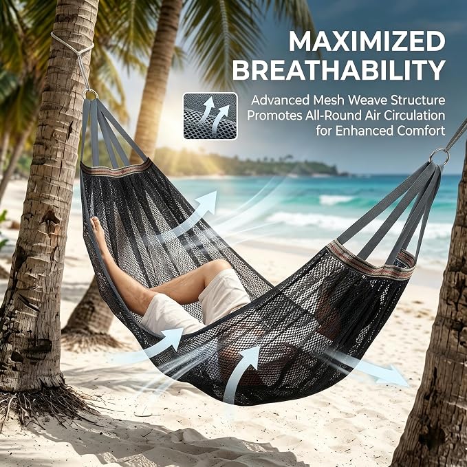 Lightweight Portable Anti-Roll Breathable Mesh Camping Hammock 102.36x51.18in with Tree Straps & Carry Bag, Black, No Stand Included