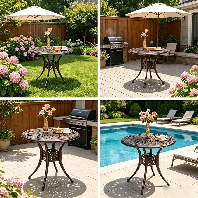 34.5" Outdoor Bistro Table - Round Cast Aluminum Small Patio Side Tables, Outdoor End Table All Weather Furniture with Umbrella Hole and Antique Design for Balcony Yard Porch Garden Bronze