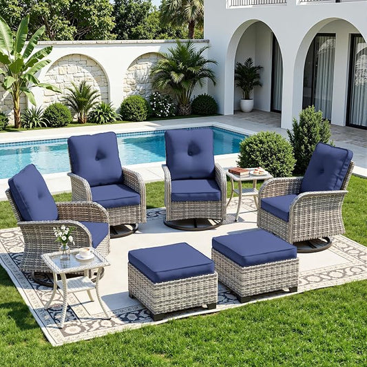 8-Piece Small Patio Furniture Set, Outdoor Swivel Rocking Chairs Set with Ottomans, Patio Bistro Set for Balcony, Deck, Porch, Navy Blue