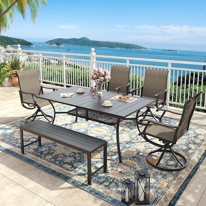 6 Pieces Outdoor Dining Set, Patio Table and Chairs Set with 51" Garden Bench for 6-7 People, 59.2" Outdoor Dining Table and Swivel Patio Chairs for Deck Backyard, Mixed Brown and Black