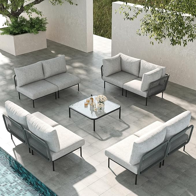 LayinSun 9 Pieces Aluminum Patio Furniture Set, Modern Modular Sectional Sofa with Coffee Table and Upgrade Thickness Cushion
